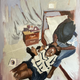 A girl braids her friend's hair in "Homegirls I," an oil painting by Damilola Marcus.